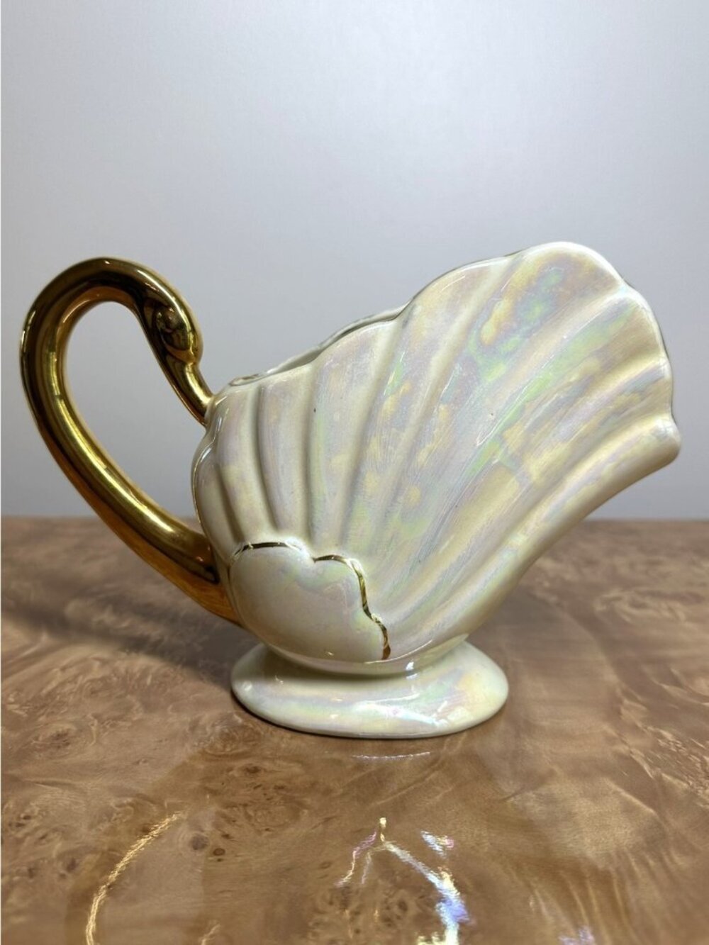 Vintage Lustreware Cornucopia Gravy Boat Swan Handle 22K Gold Trim Iridescent